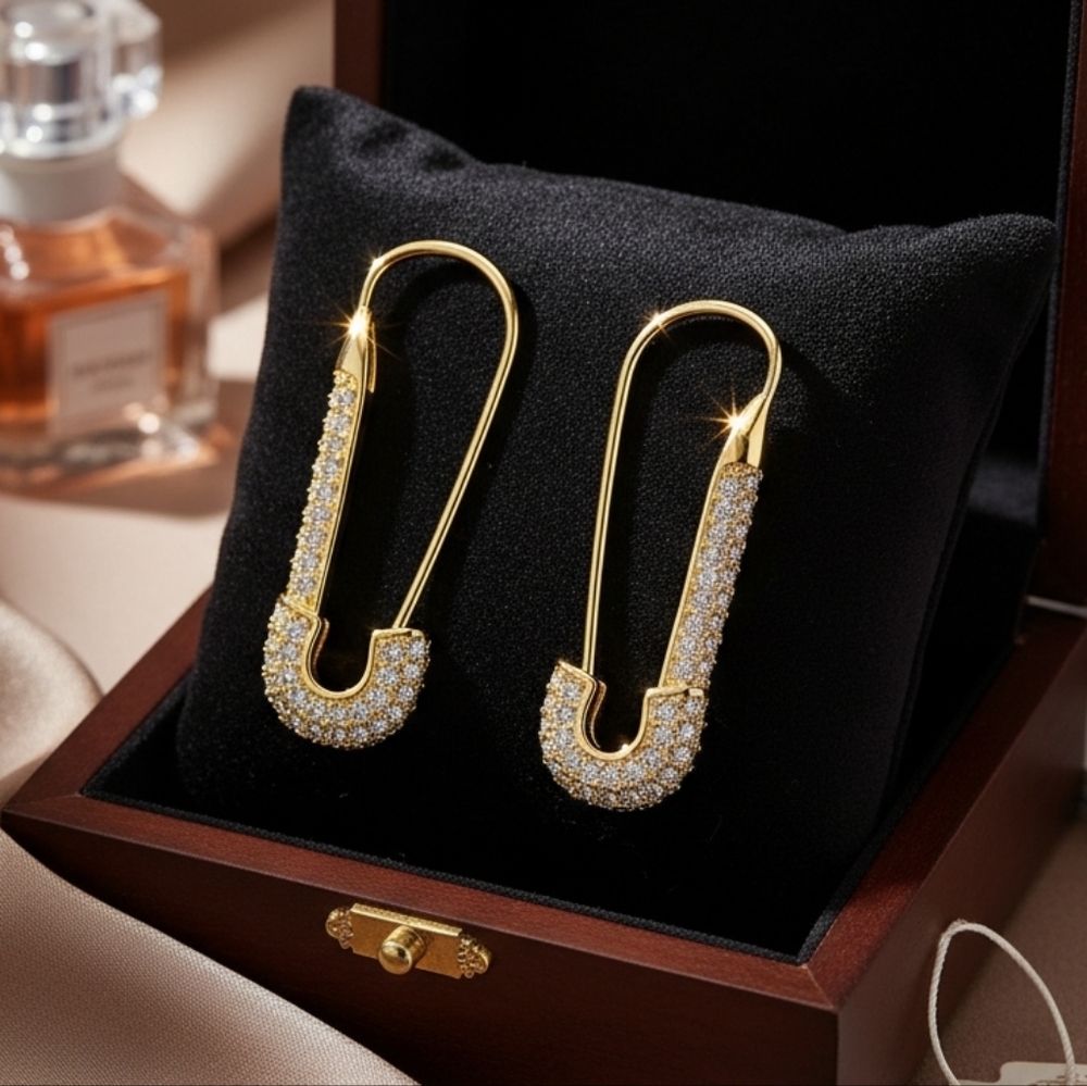 14K CZ Safety Pin Earrings